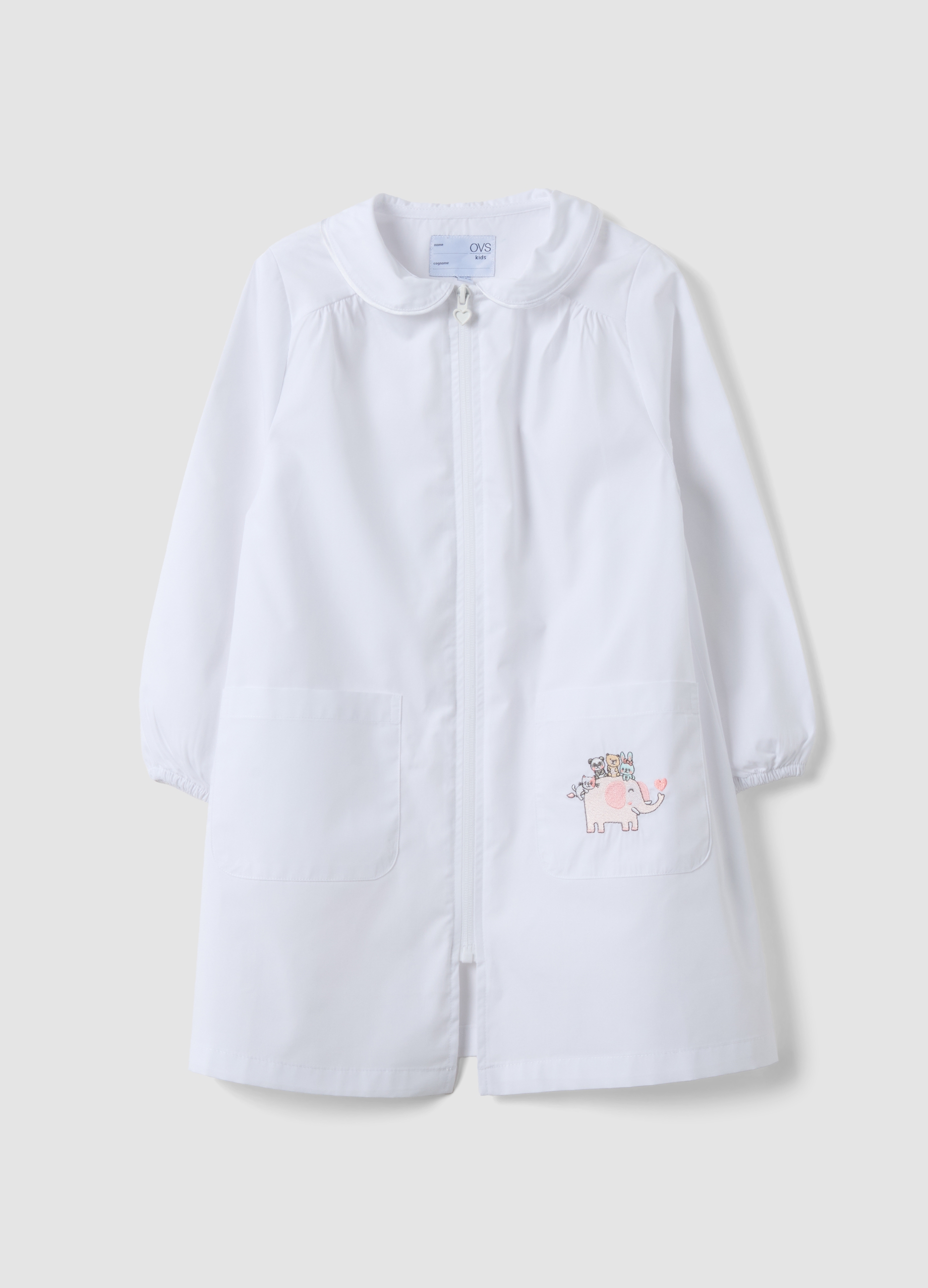 OVS KIDS, Grembiule Personalizzabile Bianco Per L'asilo Con Ricamo Animaletti, Bambina, Bianco, Taglia: 3-4