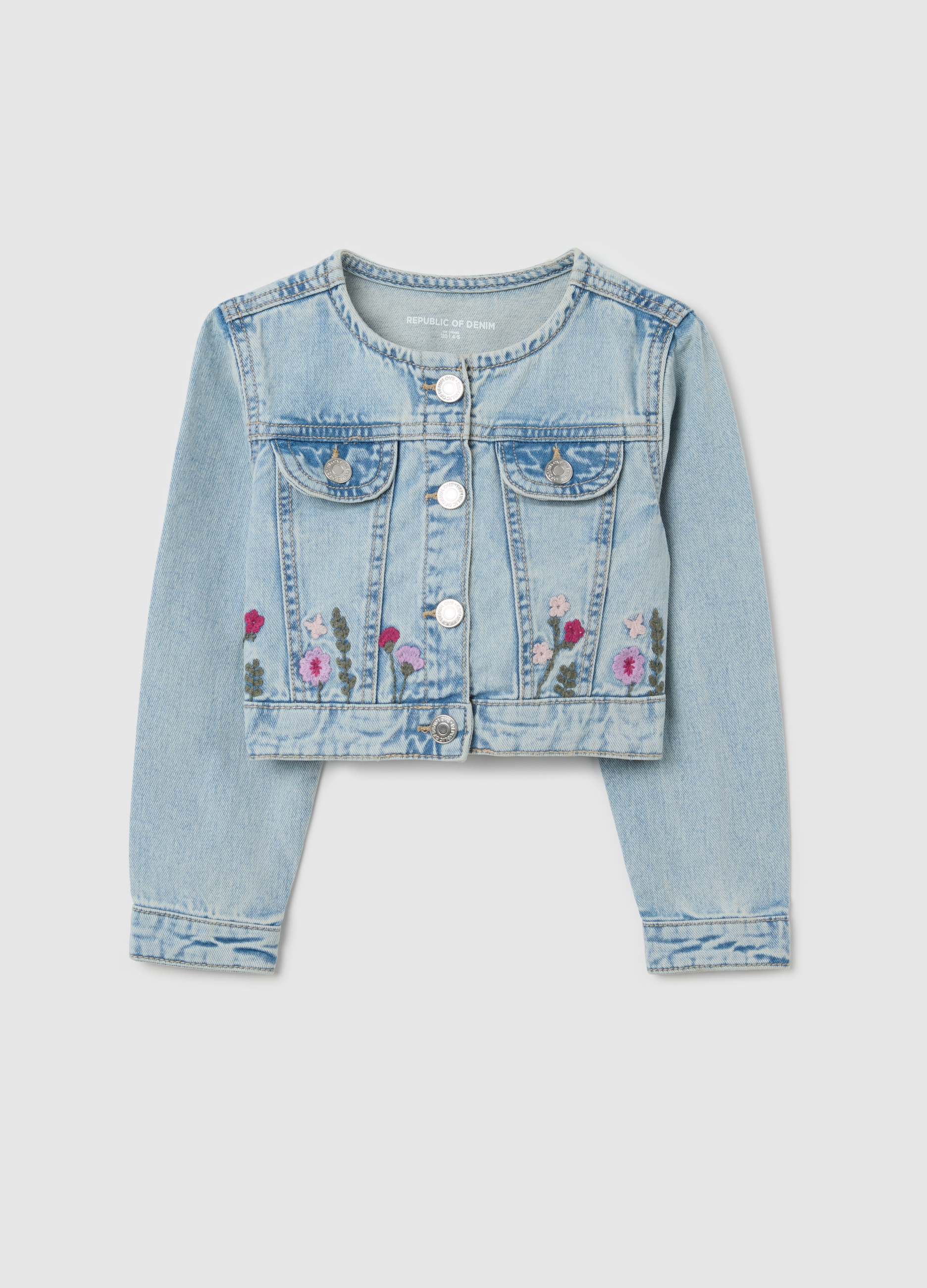 OVS, Giacca In Denim Chiaro Con Ricamo Fiori, Bambina, Denim, Taglia: 3-4