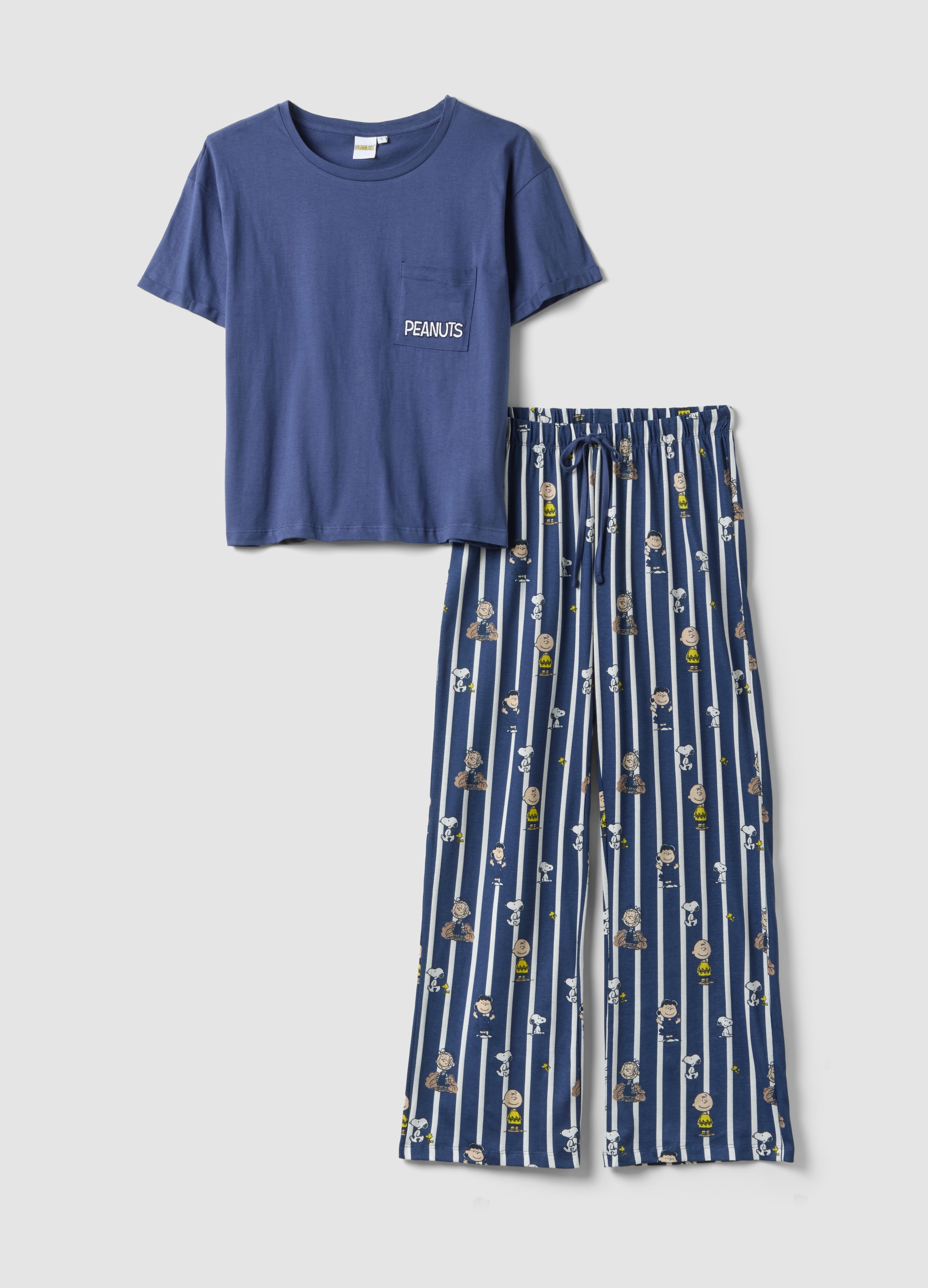 PEANUTS, Pijama Azul De Algodón Puro Ajuste Regular Con Estampados Peanuts, Mujer, Blu Bluette, Talla: S
