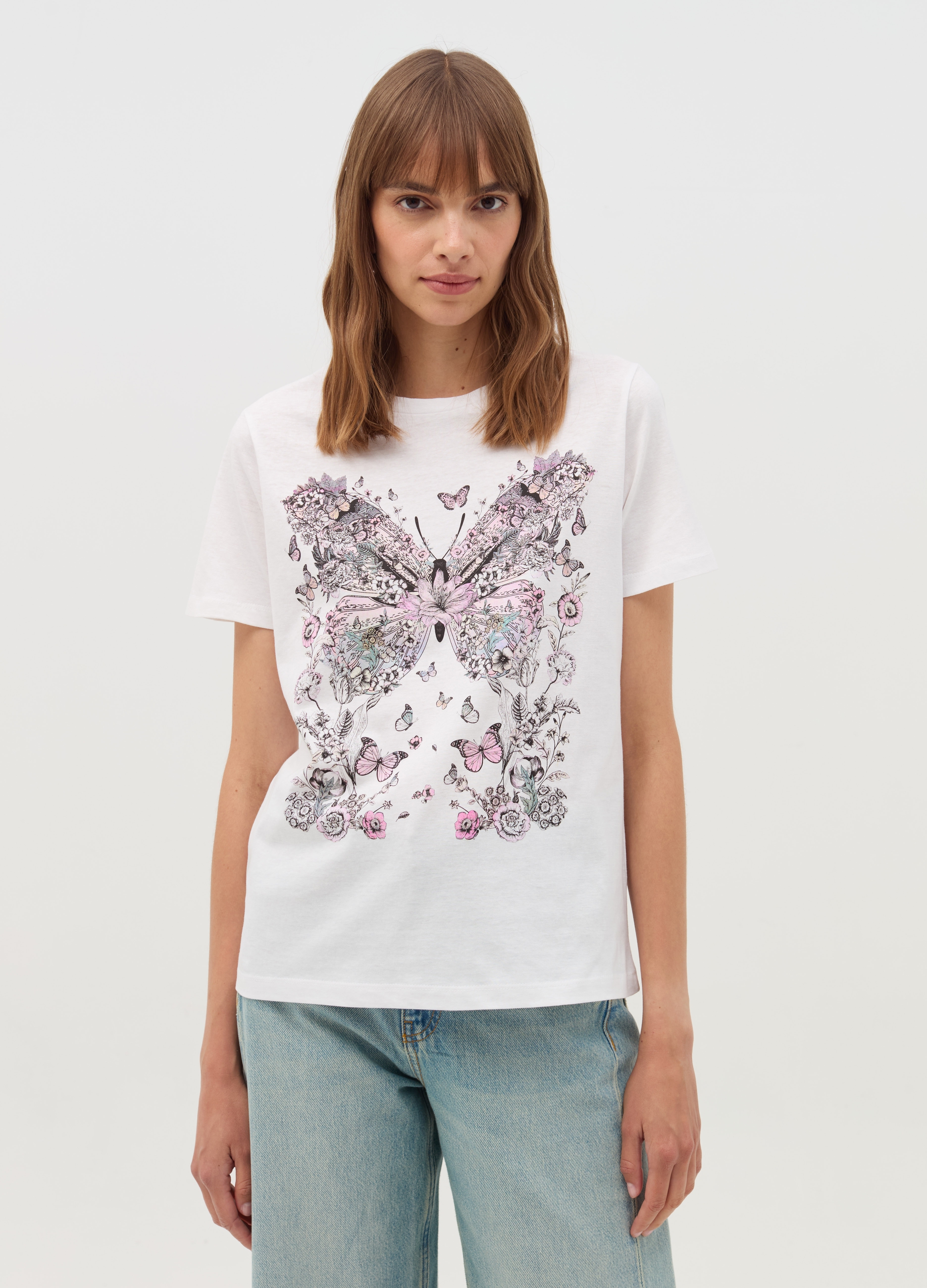 OVS, T-shirt Stampa Farfalle E Fiori, Donna, Bianco, Taglia: S