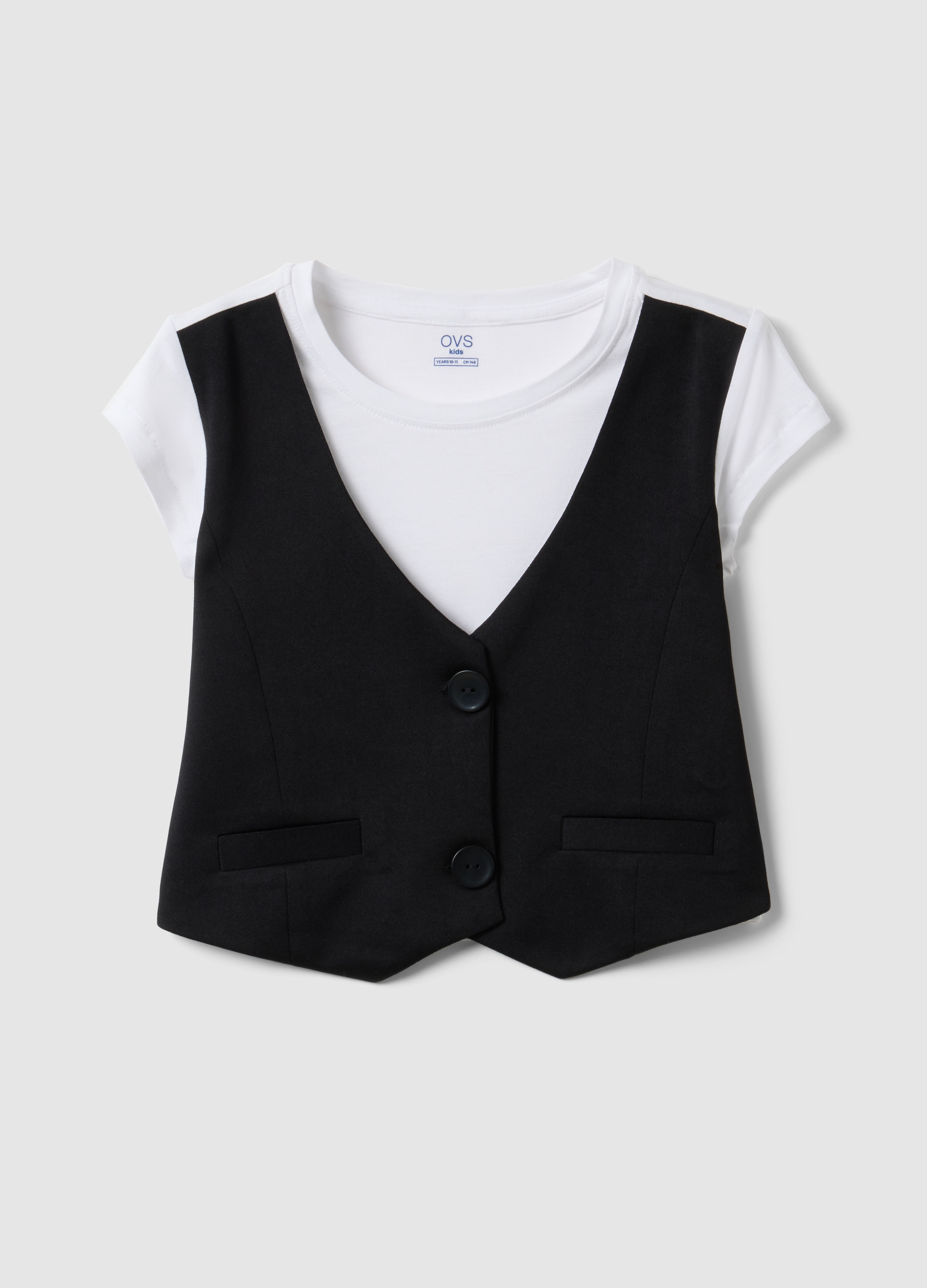 OVS KIDS, T-shirt Con Gilet In Pura Viscosa Multicolor Da Ragazza Regular Fit, Niña, Blanco/negro, Talla: 14-15