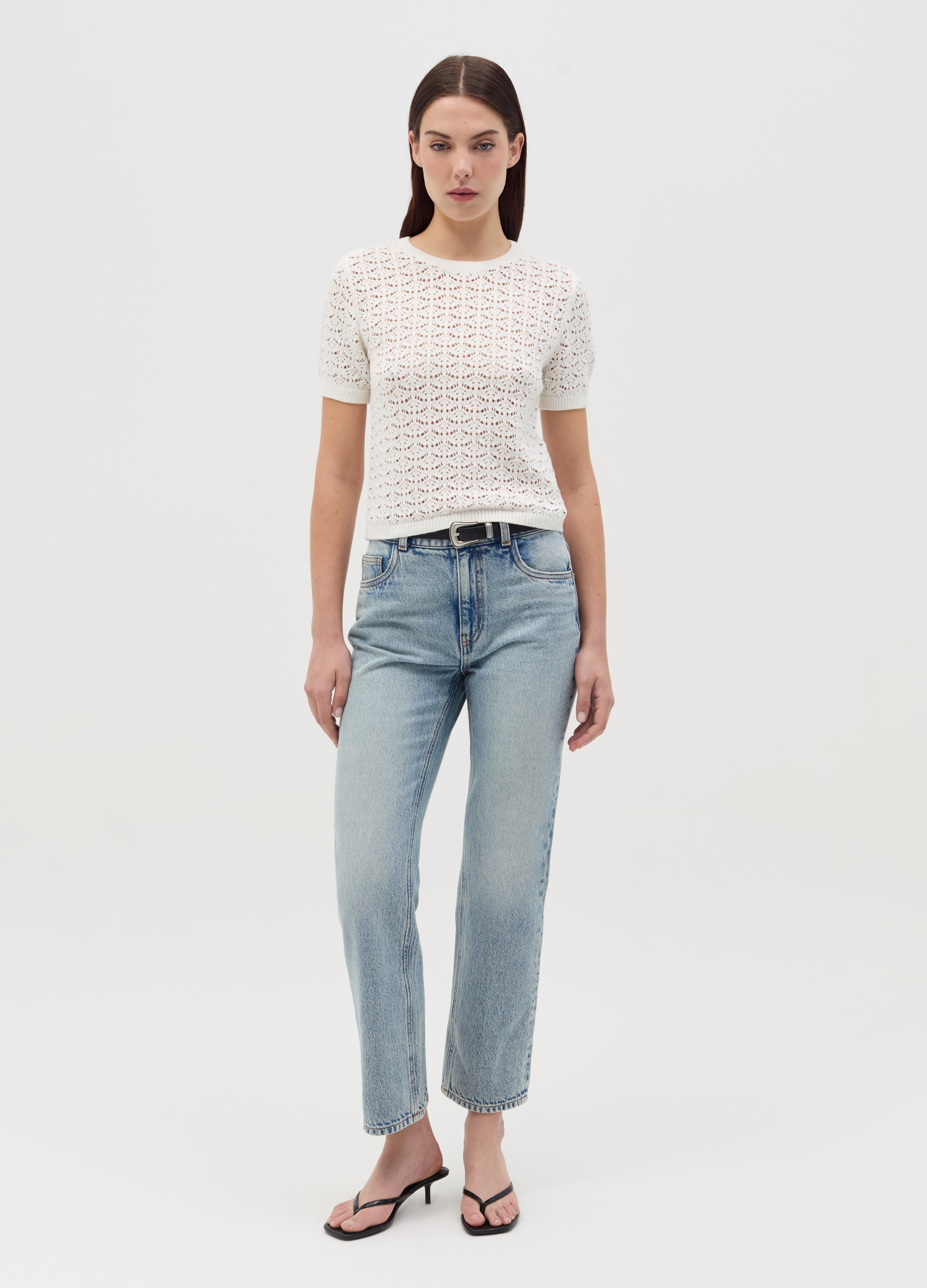 OVS , Maglia Crochet Con Maniche Corte, Donna, Bianco, Taglia: L