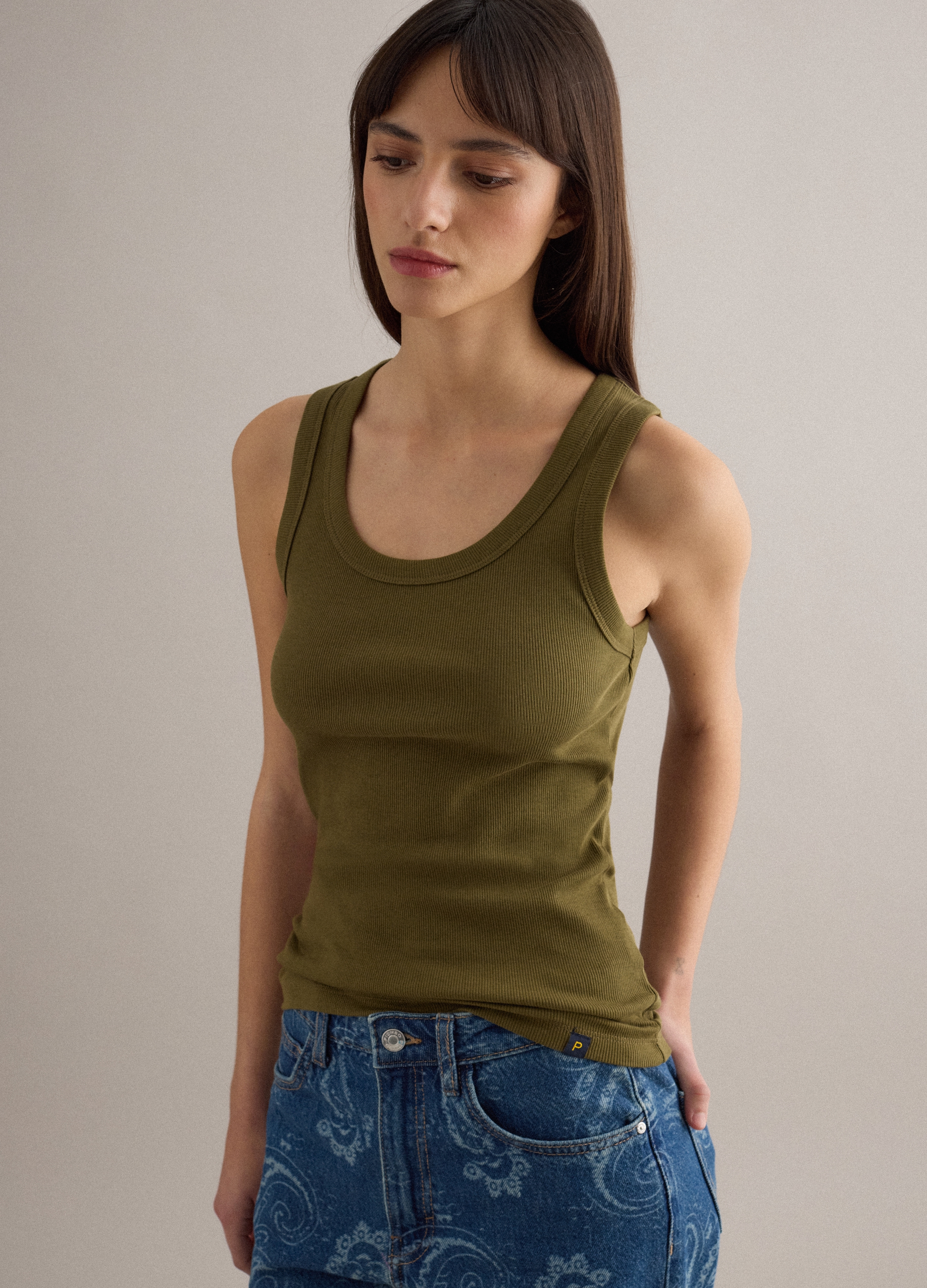 PIOMBO, Camiseta Sin Mangas Verde De Algodón Elástico Ajuste Regular, Mujer, Verde militar, Talla: 38