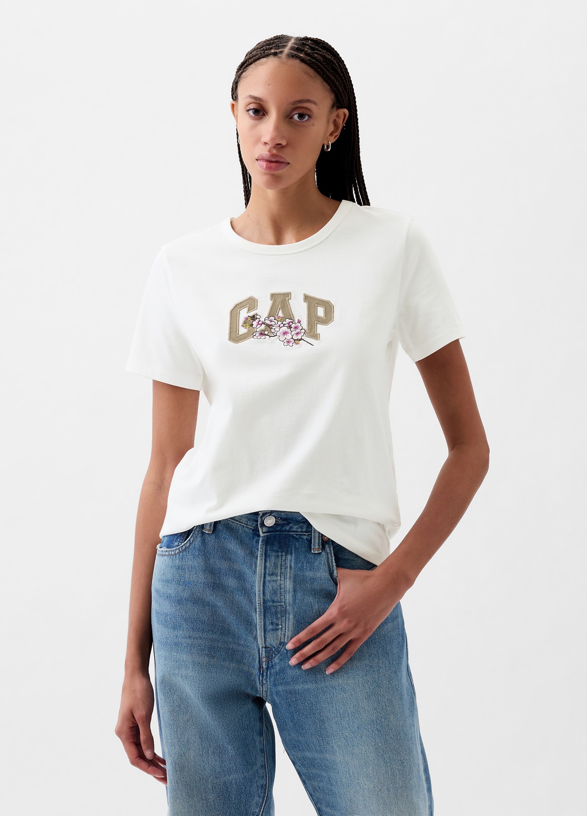 GAP, T-shirt Ricamo Logo Con Fiori Di Ciliegio, Donna, Bianco, Taglia: XS