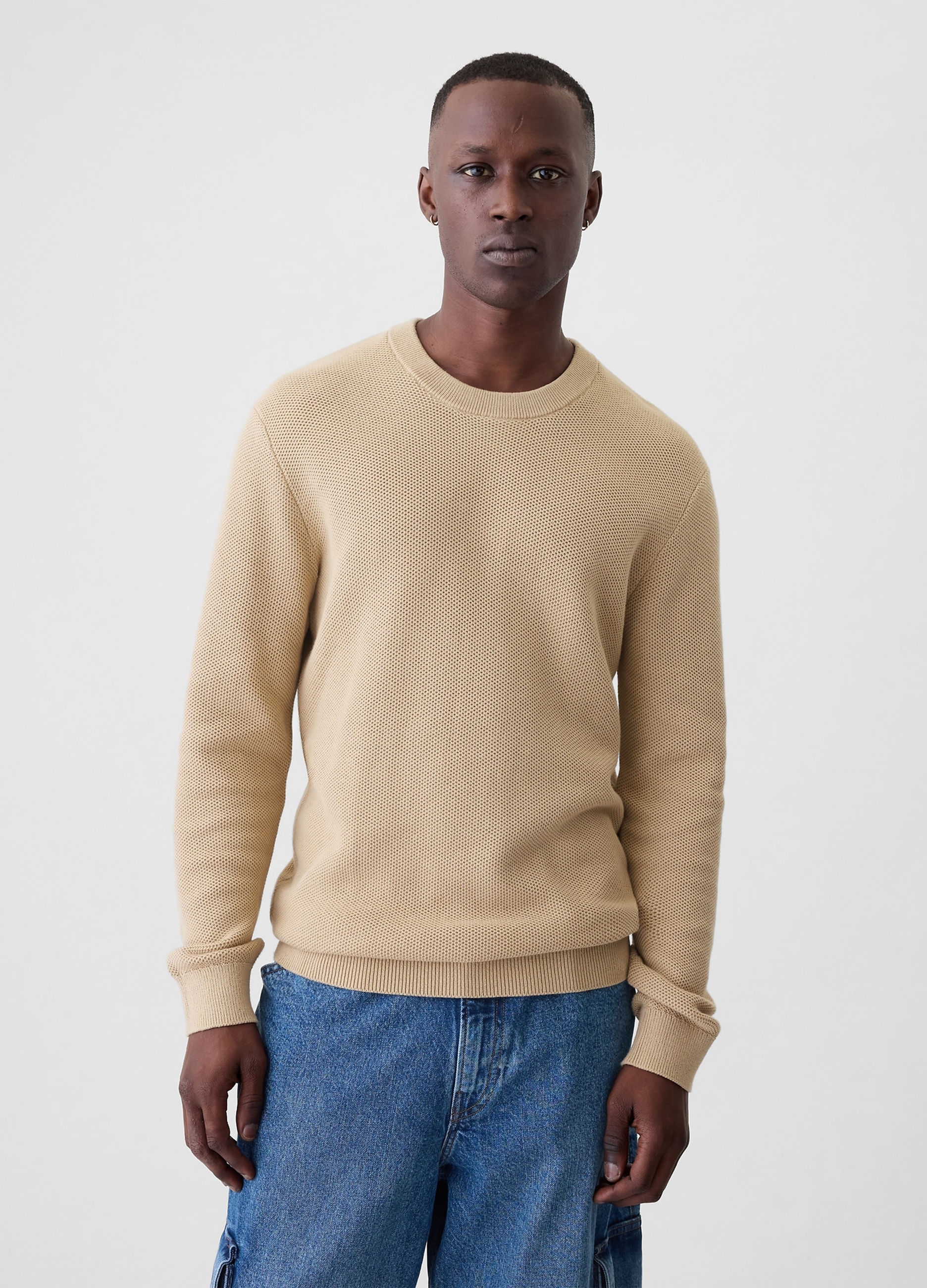 0000, Pullover Con Micro Trama A Nido D'ape, Uomo, Beige, Taglia: XS
