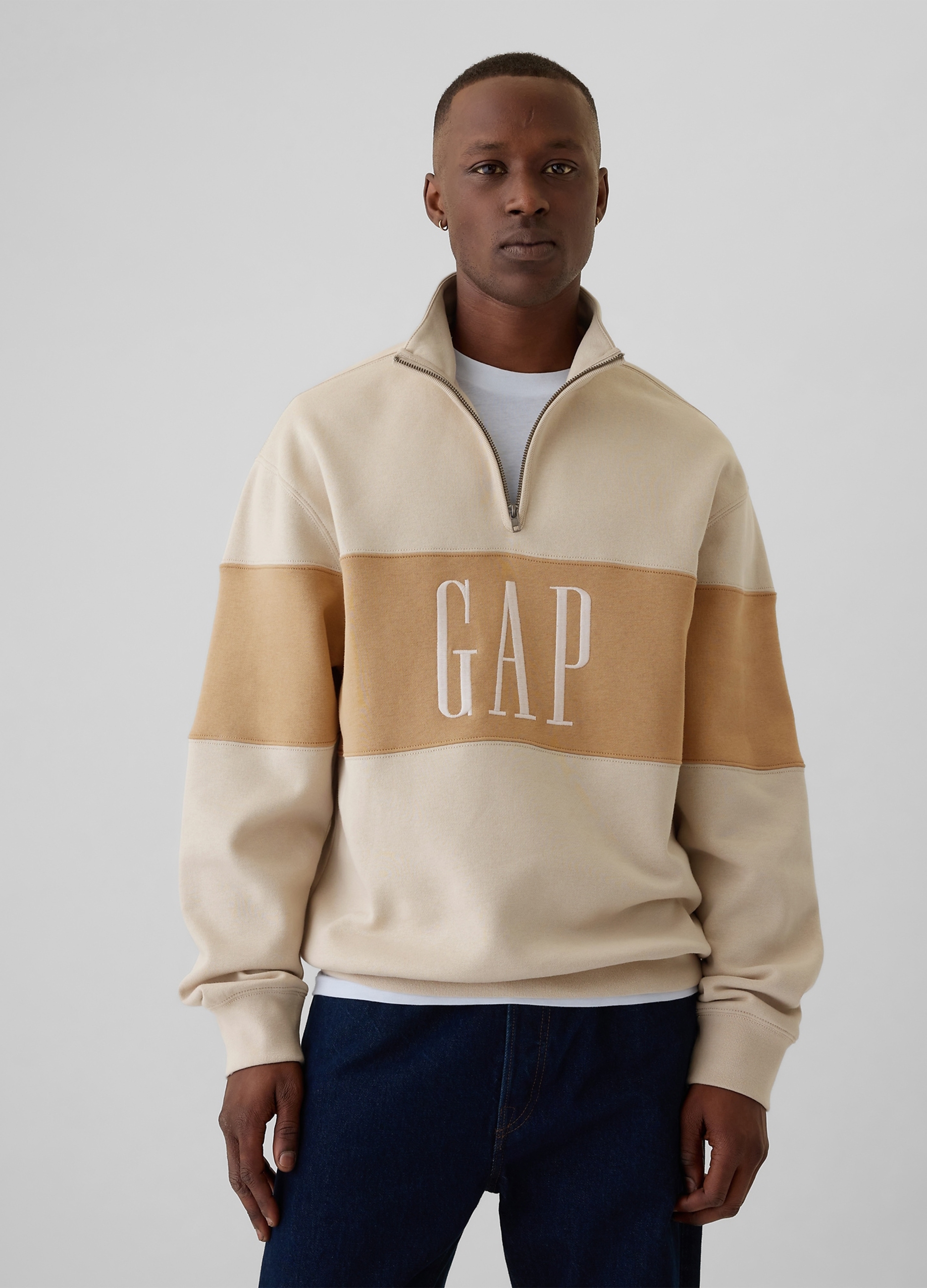 GAP, Felpa Half-zip Colorblock Con Ricamo Logo, Uomo, Beige, Taglia: XS
