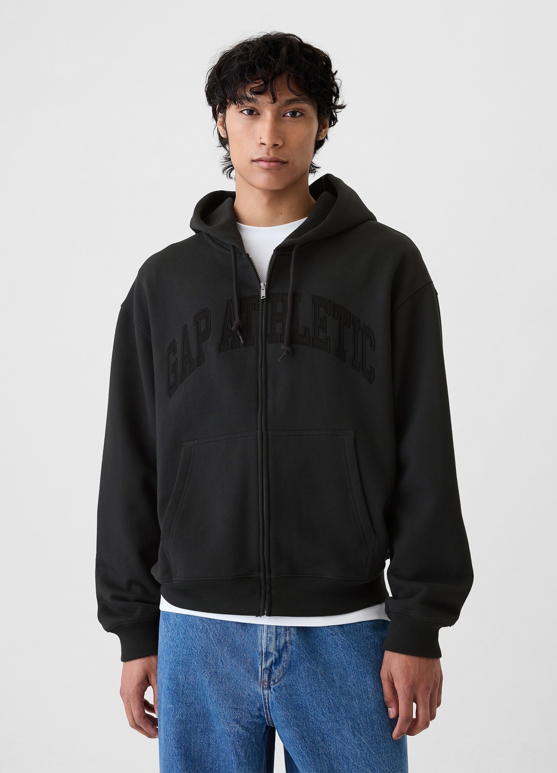 GAP, Full-zip Con Cappuccio E Ricamo Logo, Uomo, Nero, Taglia: XS